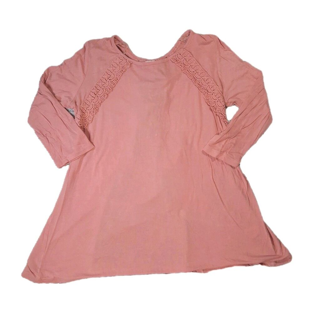 TRU SELF MEDIUM CORAL PINK LACE ACCENT LONG SLEEVE BACK LACE UP BLOUSE TOP CASUL